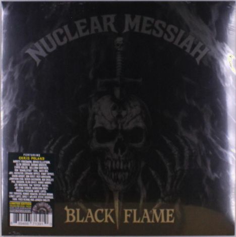 "Nuclear Messiah", "Black Flame" auf dunklem Hintergrund mit Schädel und Schwertmotiv; links unten Textblock.