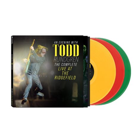 "An Evening with Todd Rundgren: The Complete Live at The Ridgefield." Drei Schallplatten in Gelb, Rot und Grün.