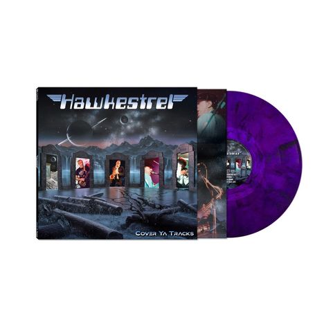 Text: "Hawkestrel," "Cover Ya Tracks." 

Illustration: Science-Fiction-Thema mit Planeten und Berglandschaft, lila Vinylschallplatte sichtbar.