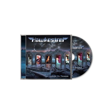 Text: "Hawkestrel", "Cover Ya Tracks". Sci-Fi-Landschaft mit Planeten, Bergen und mystischen Torbögen.