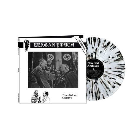 "REAGAN YOUTH", "For...God and Country!" Schwarze-weiße Vinylschallplatte mit Cover, Nazi-Symbolik und Fotografien.