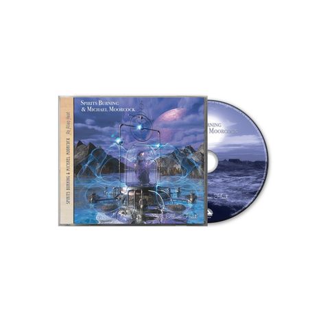 CD-Cover mit Schrift: „Spirits Burning & Michael Moorcock, An Alien Heat.“ Fantasievolle Landschaft mit Mond und Bergen.