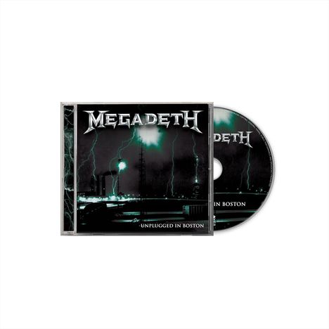 "MEGADETH" in großen Lettern, darunter "UNPLUGGED IN BOSTON". Schwarzer Hintergrund mit grün-bläulichen Blitzen. CD-Cover.