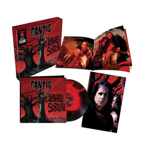 "Danzig", "Deth Red Sabaoth". Rotes Albumcover mit Frau und Baum, Vinyl-Schallplatte, Booklet und Foto der Person.