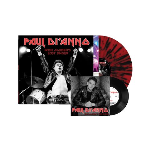 "PAUL DI'ANNO, IRON MAIDEN'S LOST SINGER." Zwei Fotos: ein Sänger mit erhobenen Armen und ein Porträt in Lederjacke. Vinyl-Schallplatten.