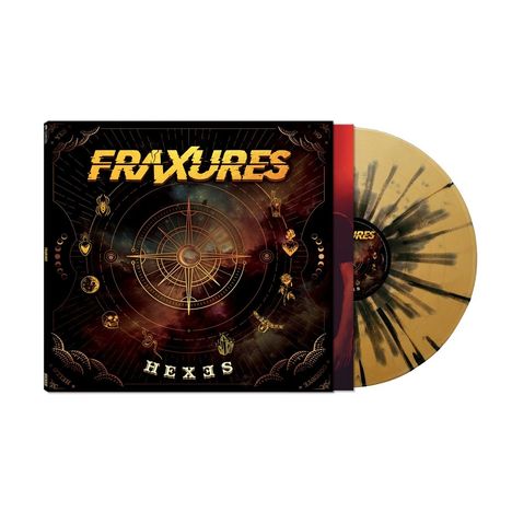 „FRXCTURES“, „HEXES“. Illustration eines Kompasses, umgeben von Symbolen. Platte in goldenem Sprühfarbmuster.