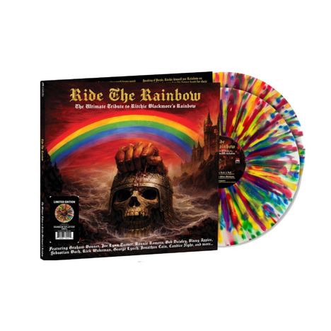 Text: "Ride The Rainbow - The Ultimate Tribute to Ritchie Blackmore’s Rainbow". Illustration: Faust, Regenbogen, bunte Schallplatte.