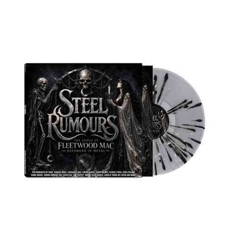 „Steel Rumours: The Songs of Fleetwood Mac Reforged in Metal.“ Skelett und Frau mit Kerze auf einem Cover.