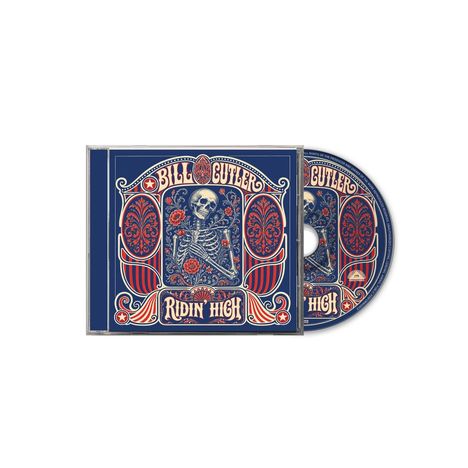 Text: "Bill Cutler", "Ridin' High". Illustration eines Skeletts mit Blumen und dekorativen Mustern in Rot und Blau.