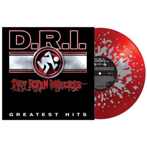 „D.R.I.“, „DIRTY ROTTEN IMBECILES“, „GREATEST HITS“. Grafik mit laufender Figur. Rot-weiß gesprenkelte Schallplatte.