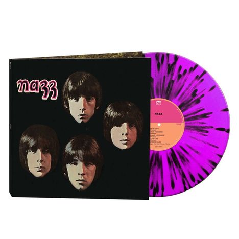Text: "nazz". Ein Schallplattencover mit fünf Köpfen; daneben eine lila Schallplatte mit schwarzen Sprenkeln.