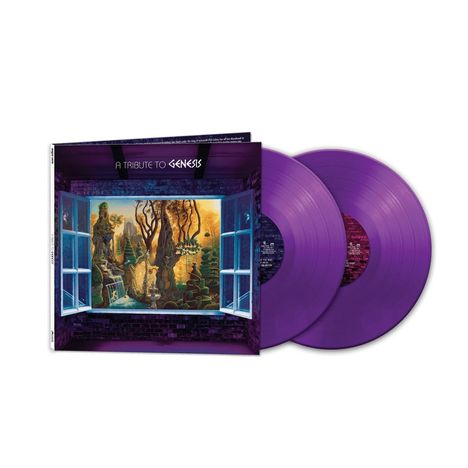 „A Tribute to Genesis“ steht oben. Es gibt zwei lila Schallplatten und ein Cover mit surrealem Gemälde in einem Fenster.