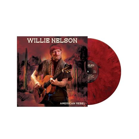 Text: WILLIE NELSON, AMERICAN REBEL. Illustration eines Mannes mit Gitarre vor Wüstenlandschaft. Rote Vinylplatte.