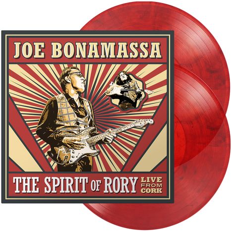 „Joe Bonamassa“, „The Spirit of Rory“, „Live from Cork“. Illustration eines Gitarristen, rot-gelber Hintergrund, rote Vinylplatten.