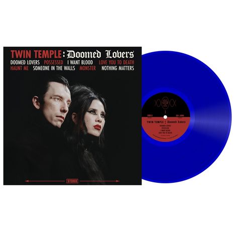 Album "TWIN TEMPLE: Doomed Lovers", blaue Vinyl, Songs wie "Doomed Lovers", Bild eines Paares auf schwarzem Hintergrund.