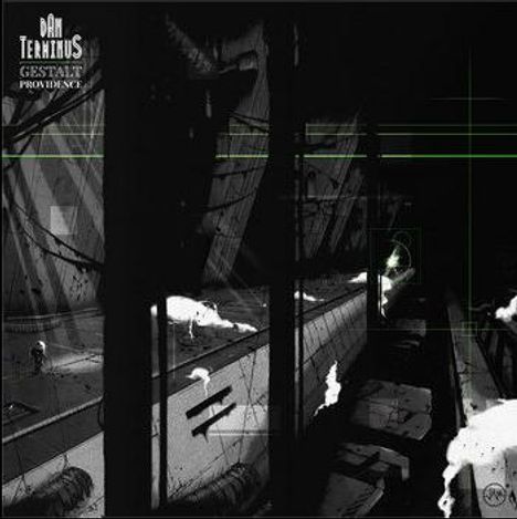 Oben links: "DAN TERMINUS GESTALT PROVIDENCE". Dunkle, futuristische Szenerie mit technologischem Aussehen.