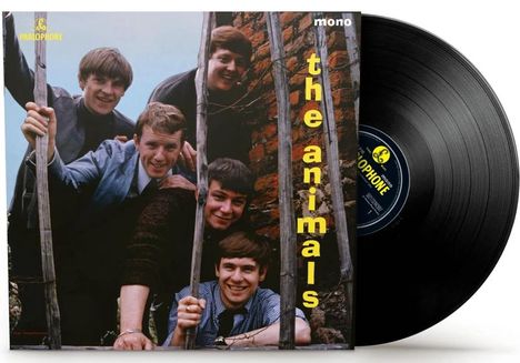 Text: "the animals", "mono". Cover: Fünf junge Männer lächeln hinter einem Zaun hervor; eine Schallplatte rechts.