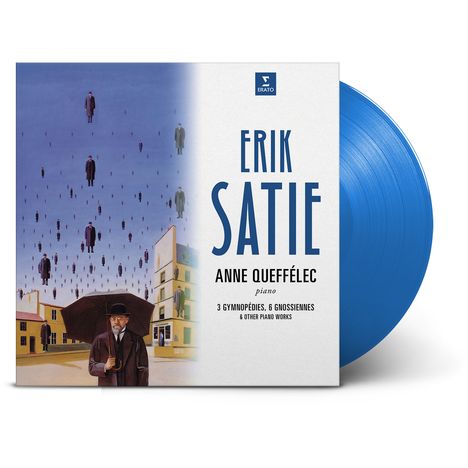 „Erik Satie, Anne Queffélec, 3 Gymnopédies, 6 Gnossiennes“. Illustration: Männer in Anzügen schweben über einer Stadt.