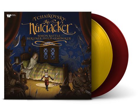 "TCHAIKOVSKY The Nutcracker, Simon Rattle, Berliner Philharmoniker." Illustration: Ein Nussknacker mit Mäusen im Schlafzimmer.