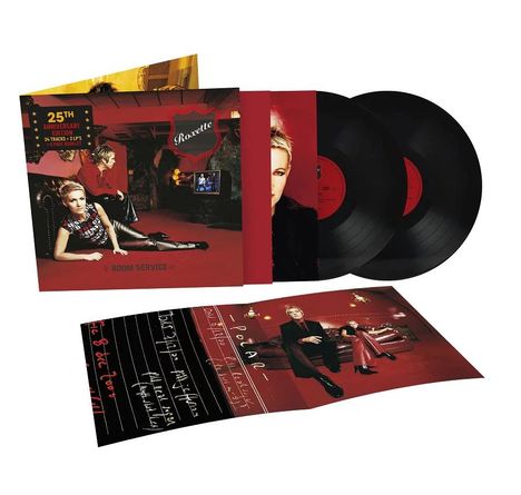„25th Anniversary Edition“, „24 Tracks * 2 LPs“, „Room Service“, vier Schallplatten mit rotem Cover und Fotos.