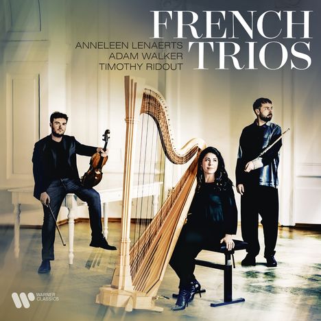 "French Trios" mit Anneleen Lenaerts, Adam Walker, Timothy Ridout. Harfe, Bratsche und Flöte in elegantem Raum.