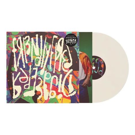 Albumcover, "Friendly Fires Disco", bunter, abstrakter Hintergrund, daneben helle Schallplatte.