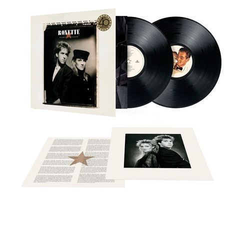 „Roxette Pearls of Passion“ Albumcover, zwei Schallplatten und ein Schwarz-Weiß-Foto von zwei Personen.