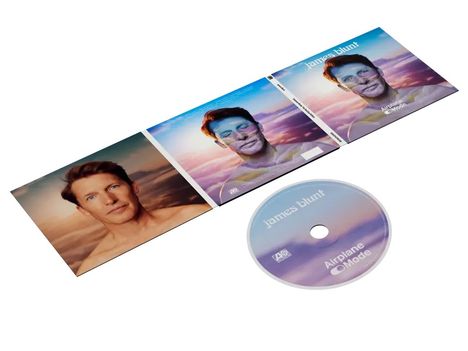 "james blunt" und "Airplane Mode" auf kreativ gestaltetem Albumcover, Gesicht gemalt mit Himmel und Wolken.