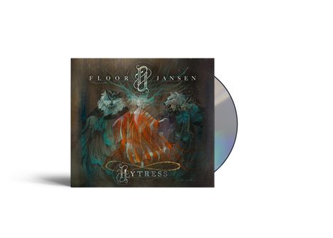 Text: "FLOOR JANSEN" oben, "Bytress" unten. Illustration mit einer Figur in Rot, flankiert von zwei Tiergestalten.