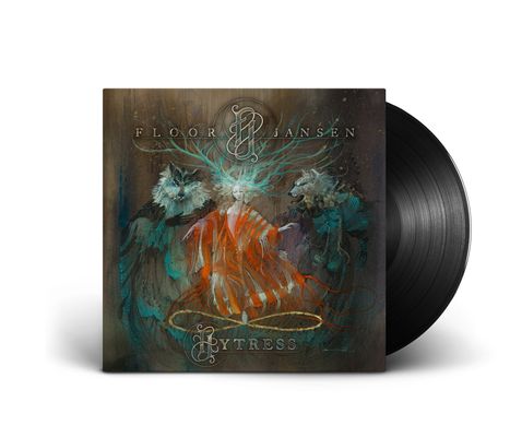 „Floor Jansen, BYTRESS“. Illustration: Frau in orange, umgeben von Wölfen mit blauem Hintergrund. Schallplatte rechts.