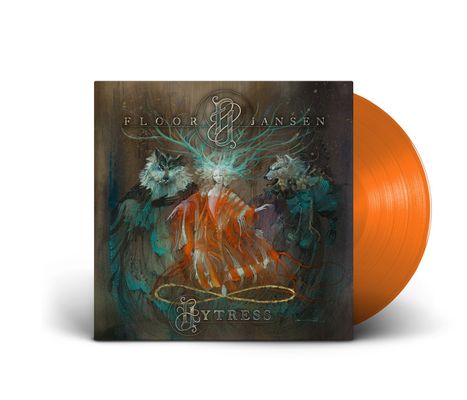 „FLOOR JANSEN, DAYDREAM; BYTRESS“. Illustration einer Figur in Rot, umgeben von zwei wolfartigen Wesen.