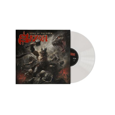 Text: "Gods of Thunder", "Saxon". Illustration: Krieger mit Hammer kämpft gegen Skelette, Drache im Hintergrund. Vinyl-Schallplatte.