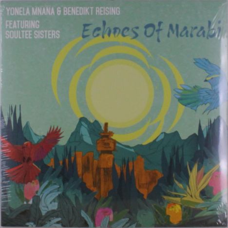 "Yonela Mnana & Benedikt Reising featuring Soultee Sisters, Echoes of Marabi." Bunte Illustration mit Vögeln und Bergen.