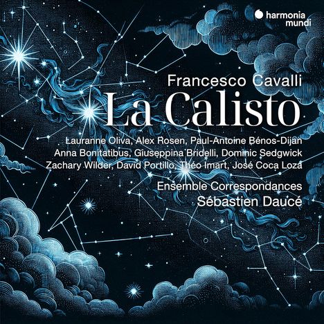 "La Calisto" von Francesco Cavalli, Ensemble Correspondances. Illustration von Sternbildern mit detaillierten Wolken.