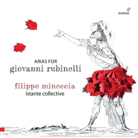 Text: "ARIAS FOR giovanni rubinelli filippo mineccia istante collective." Illustration: Person mit rotem Blattrock, Blätter.