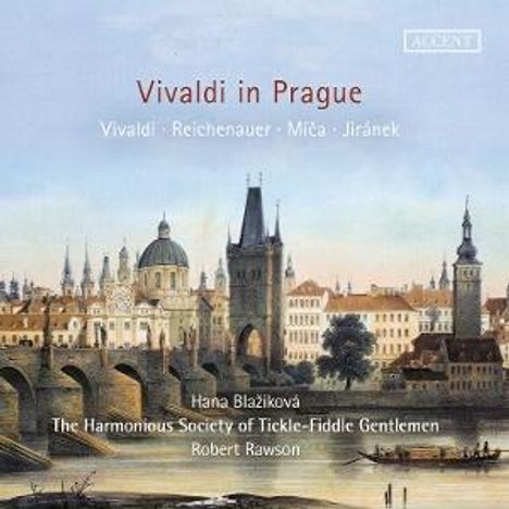 „Vivaldi in Prague“, darunter Komponistennamen, Künstlerin und Ensemble. Illustration einer historischen Stadtansicht.