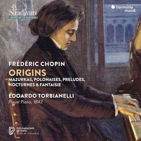 Texte: "FRÉDÉRIC CHOPIN ORIGINS" gefolgt von Musikstücken Angaben und "EDOARDO TORBIANELLI Pleyel Piano, 1842". Ein Gemälde mit Chopin am Klavier.