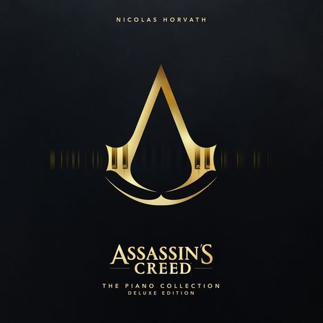 Nicolas Horvath. Assassin's Creed: The Piano Collection, Deluxe Edition. Goldenes Logo auf schwarzem Hintergrund.