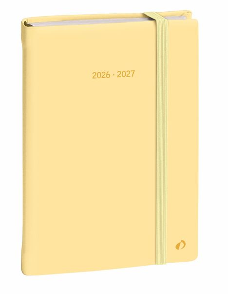 Text: "2026 · 2027". Gelbes Notizbuch mit Gummiband, kleines Logo unten rechts.