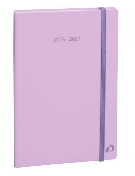 Lila Notizbuch mit der Aufschrift "2026 · 2027". Gummizug rechts, schlichtes Design.