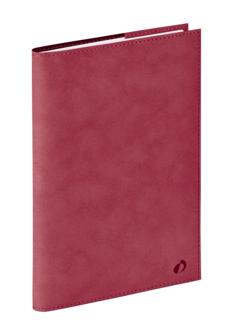 Ein einfaches, dunkelrotes Notizbuch mit glatter Oberfläche und kleinem, dezentem Logo unten rechts.