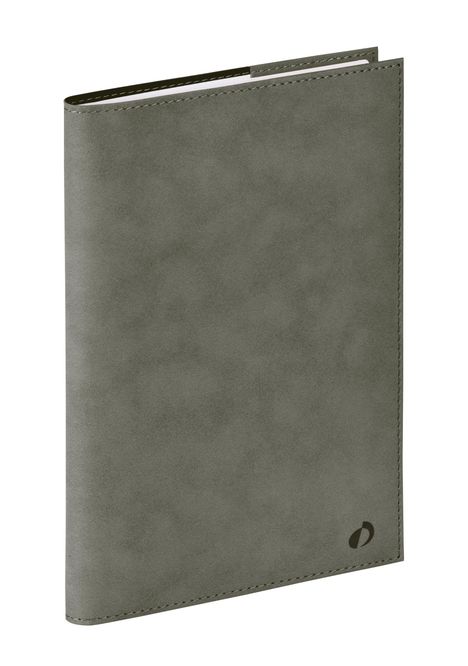 Graues Notizbuch mit glänzendem Logo in der Ecke, schlichtes Design, keine weiteren Details oder Texte sichtbar.