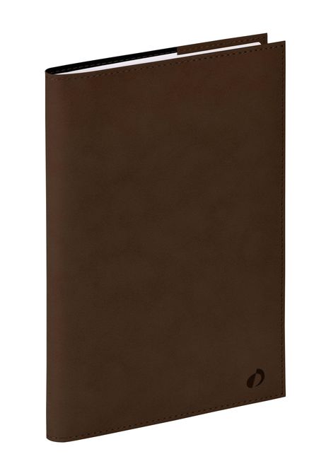 Ein braunes Notizbuch mit einfachem, glattem Einband und kleinem, diskretem Logo in der unteren Ecke.