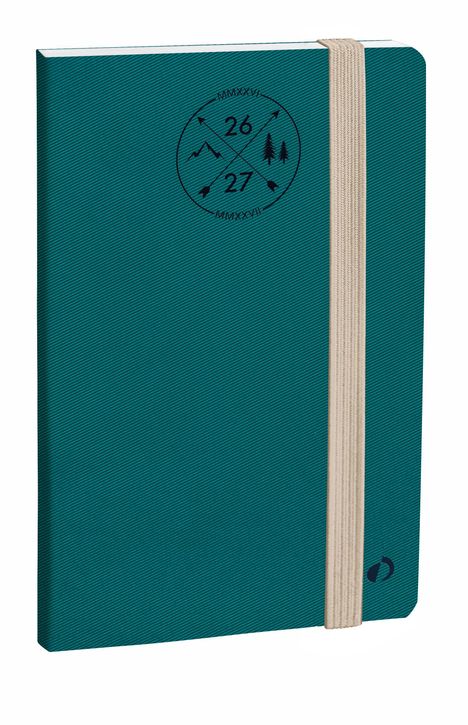 Kreis mit "26" und "27", Bergen, Bäumen, Pfeilen, römischen Zahlen. Blaues Notizbuch mit elastischem Band.