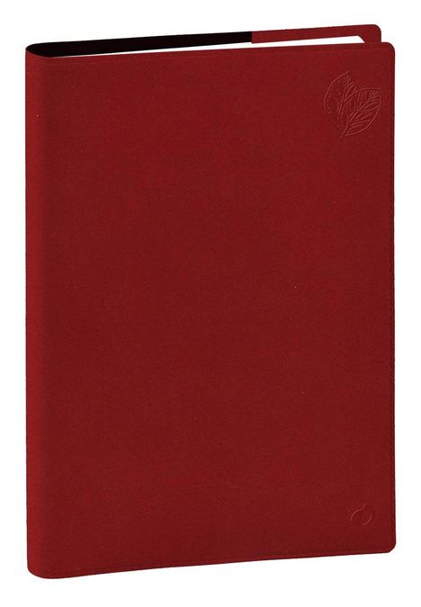 Ein rot-braunes Ringbuch ohne sichtbare Texte, mit einem eingeprägten Blattmotiv in der oberen rechten Ecke.