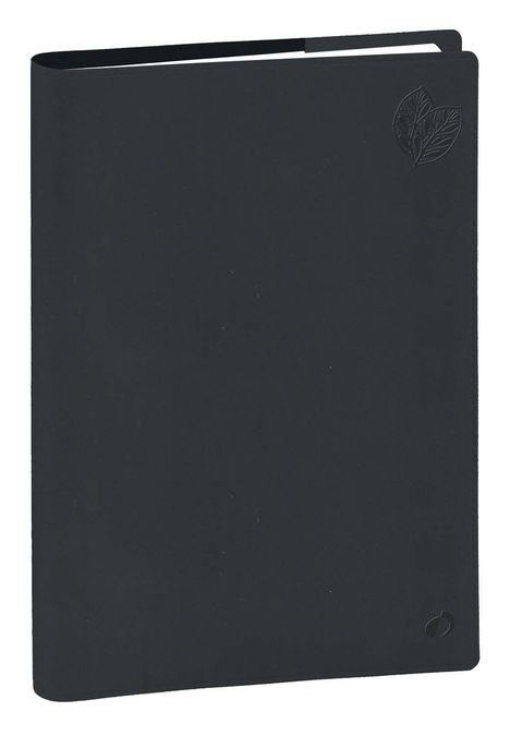 Ein schlichter schwarzer Ordner mit einem geprägten Blatt-Symbol in der Ecke.