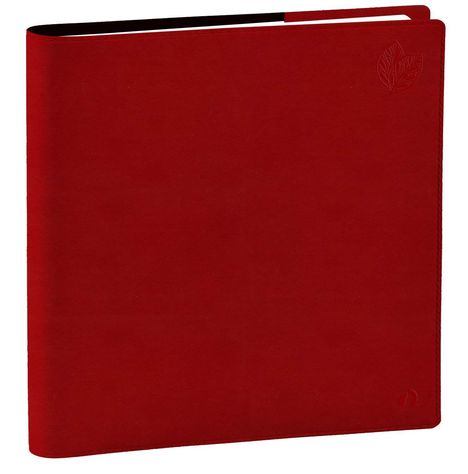 Ein roter Ordner mit geprägtem Blattmuster in der Ecke.