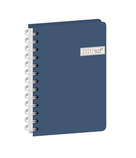 Text: "2026 2027 QUO VADIS". Eine Illustration eines dunkelblauen Spiralnotizbuches.