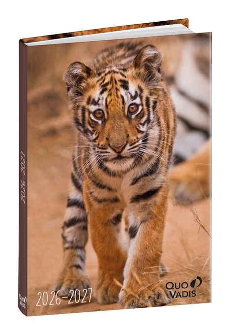 Text: „2026-2027“, „Quo Vadis“. Ein Tigerjunges im Vordergrund. Cover eines Kalenders.