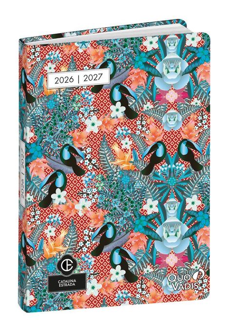 Text: "2026 | 2027", "Catalina Estrada", "Quo Vadis". 

Ein bunter Einband mit exotischen Blumen und Vögeln.
